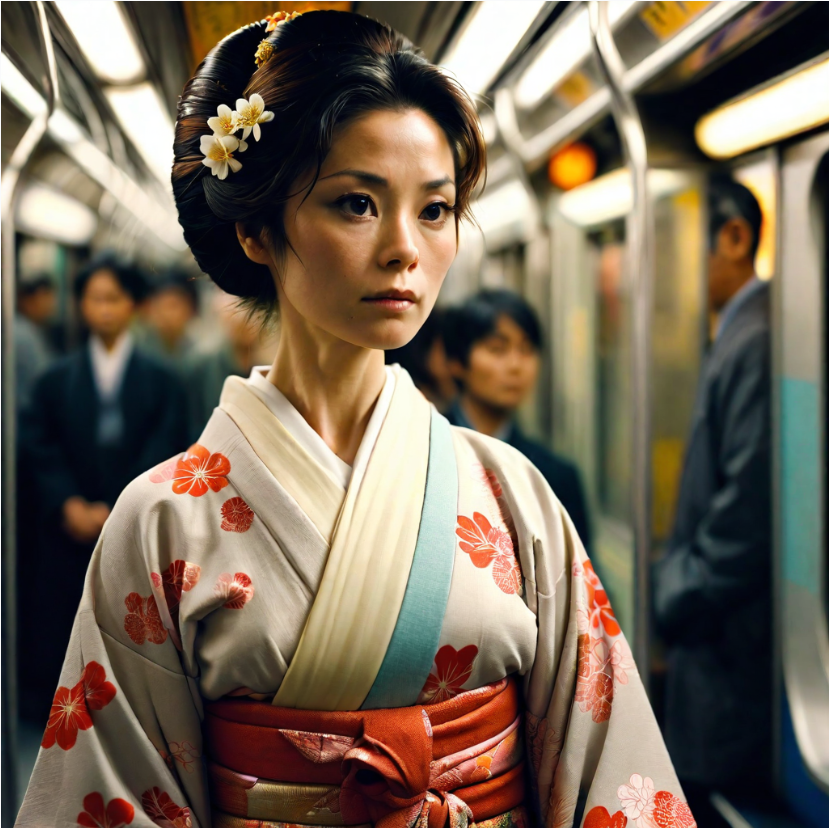 Acinematic film still of Kodak Motion Picture Film: (Sharp Detailed Image) An Oscar winning movie for Best Cinematography a woman in a kimono standing on a subway train in Japan Kodak Motion Picture Film Style, shallow depth of field, vignette, highly detailed, high budget, bokeh, cinemascope, moody, epic, gorgeous, film grain, grainy