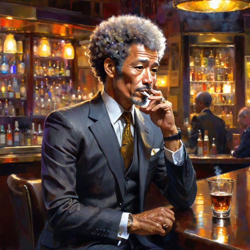 (impressionistic realism by csybgh), a 50 something male, working in banking, very short dyed dark curly balding hair, Afro-Asiatic ancestry, talks a lot but listens poorly, stuck in the past, wearing a suit, he has a certain charm, bronze skintone, sitting in a bar at night, he is smoking and feeling cool, drunk on plum wine, masterpiece, 8k, hyper detailed, smokey ambiance, perfect hands AND fingers
