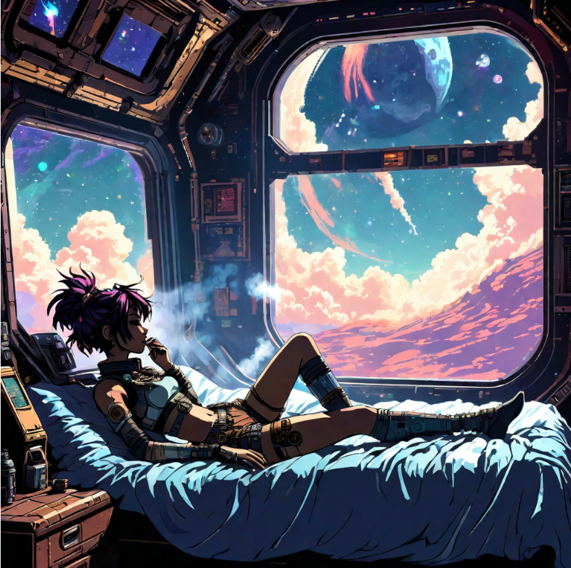 high quality pixel art, a pixel art silhouette of an anime space-themed girl in a space-punk steampunk style, lying in her bed by the window of a spaceship, smoking, with a rustic feel. The image should embody epic portraiture and double exposure, featuring an isolated landscape visible through the window. The colors should primarily be dynamic and action-packed, with a strong use of negative space. The entire artwork should be in pixel art style, emphasizing the characters shape and set against a white background. Silhouette
