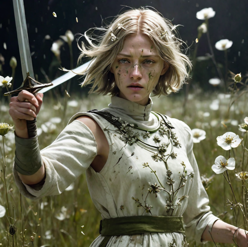 Super Closeup Portrait, action shot, Profoundly dark whitish meadow, glass flowers, Stains, space grunge style, Jeanne d'Arc wearing White Olive green used styled Cotton frock, Wielding thin silver sword, Sci-fi vibe, dirty, noisy, Vintage monk style, very detailed, hd