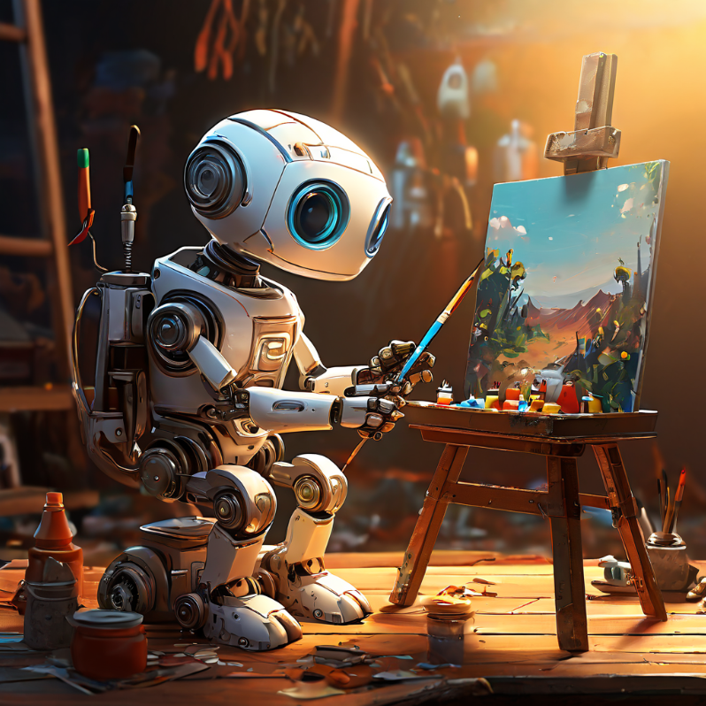 a cute robot artist painting on an easel, concept art