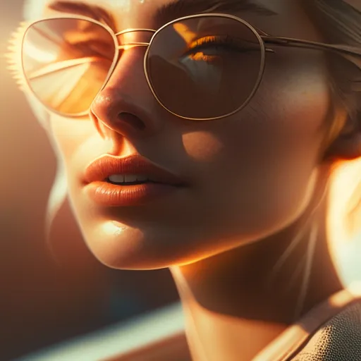 potrait of women with glasses, sunlight, cold colors, detailed,4k