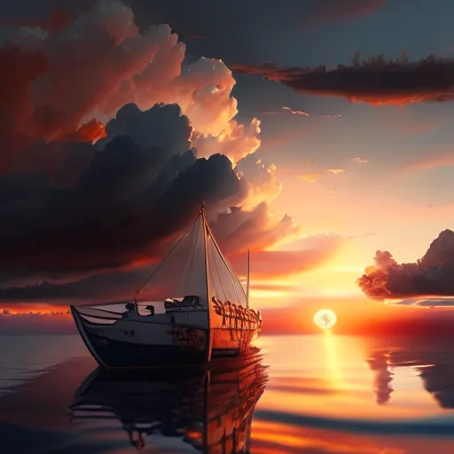 Beautiful sunset, parital clouds, boat on the water, realistic, 4k